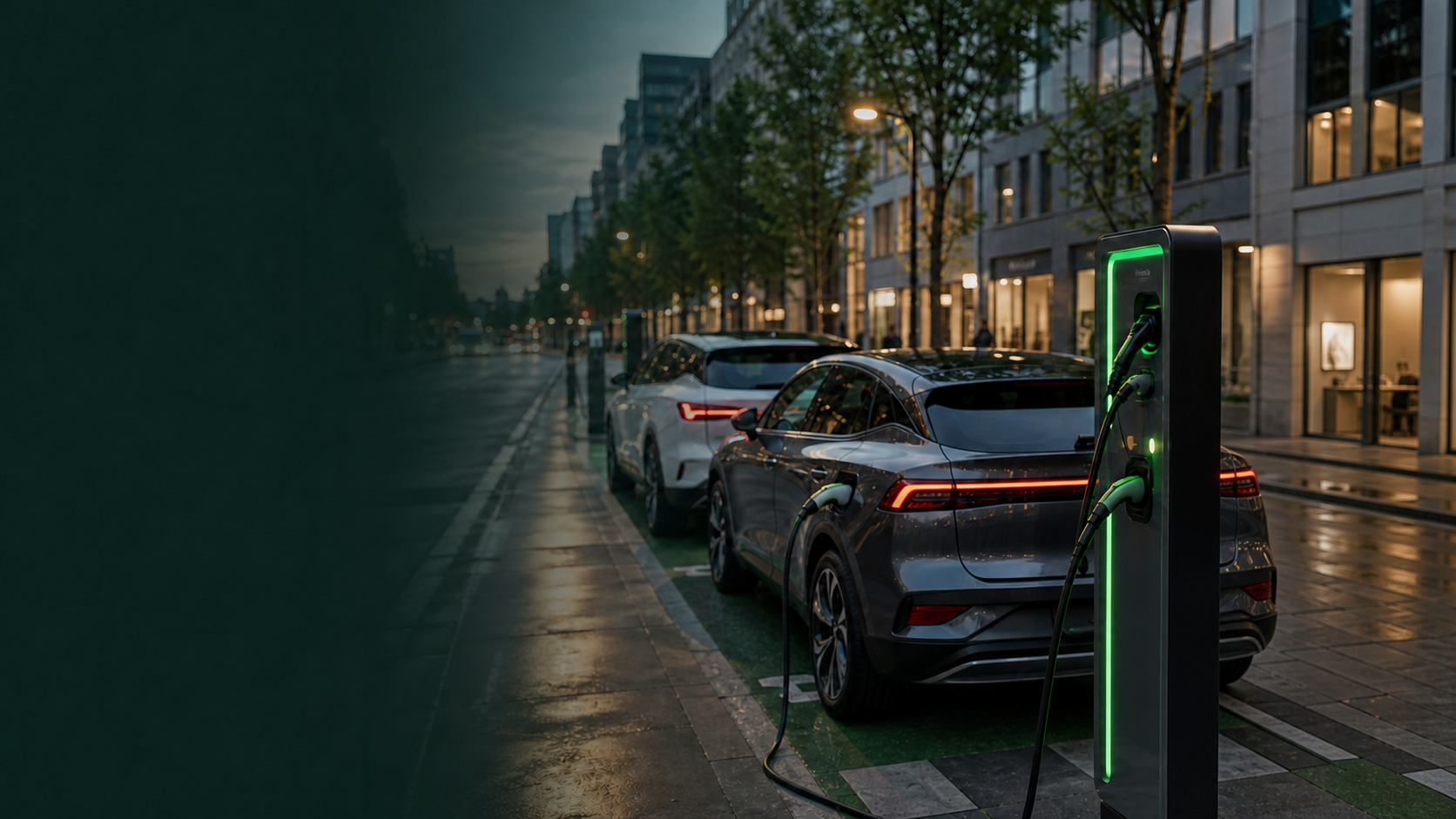 Publieke laadpalen in een stedelijke straat met twee elektrische wagens die laden
